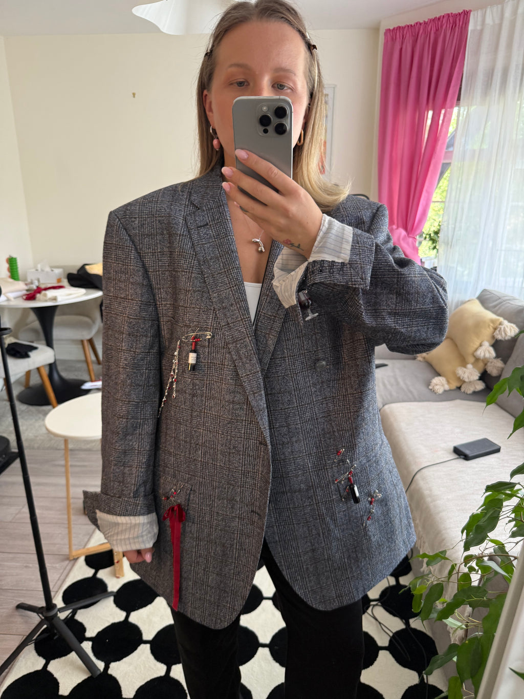 Grey Plaid Statement Blazer