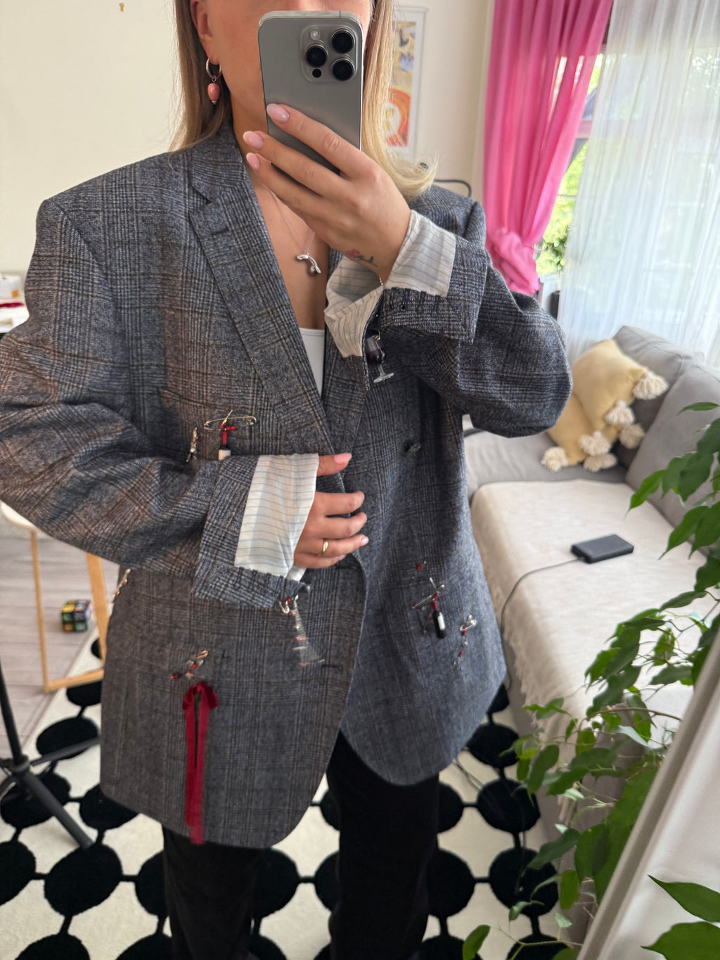 Grey Plaid Statement Blazer