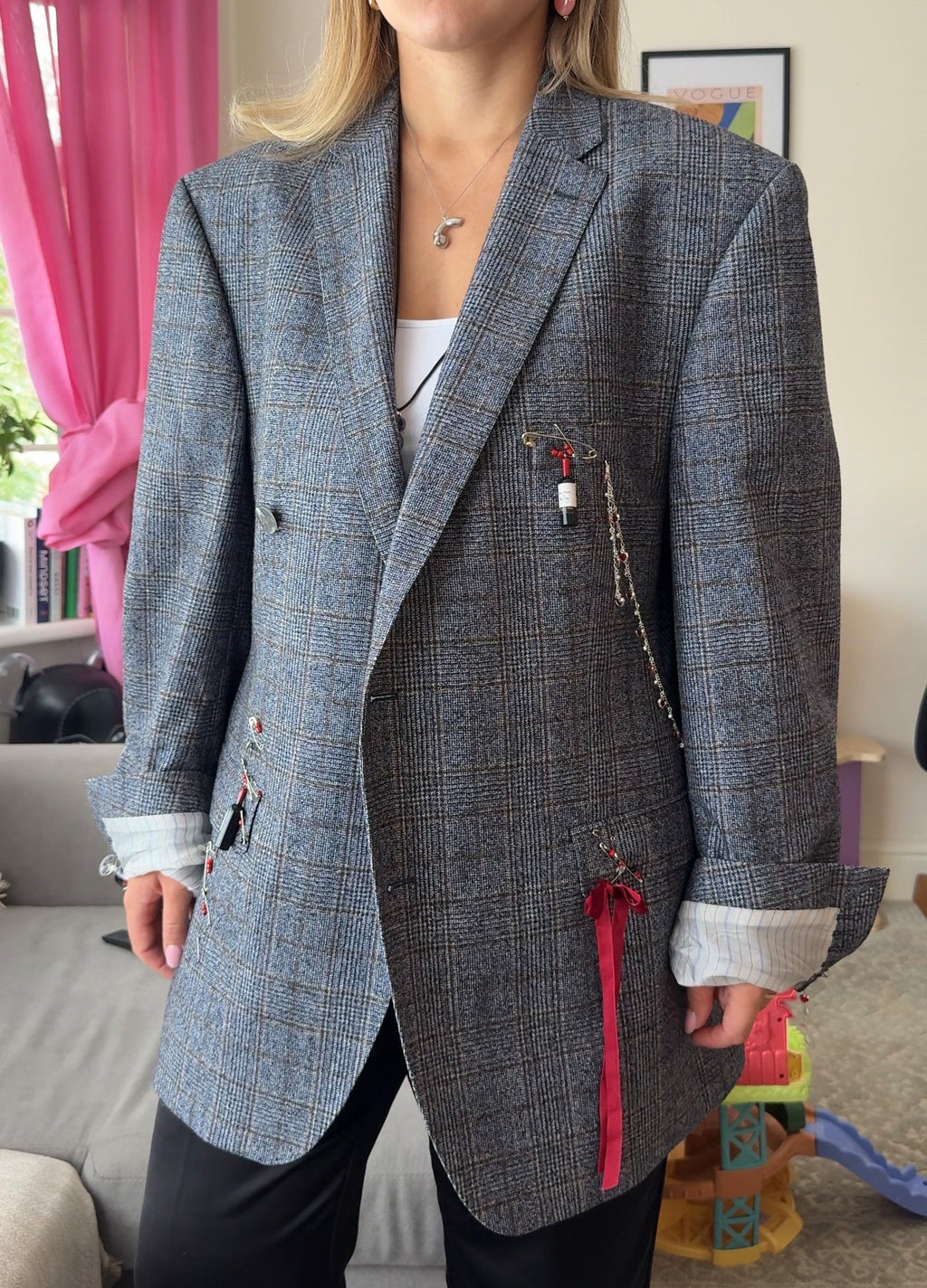 Grey Plaid Statement Blazer