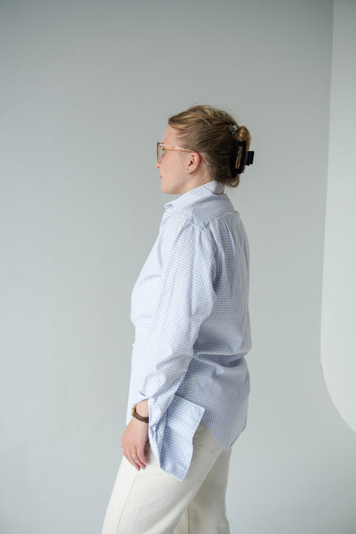 Blue shirt with asymmetrical drawstring