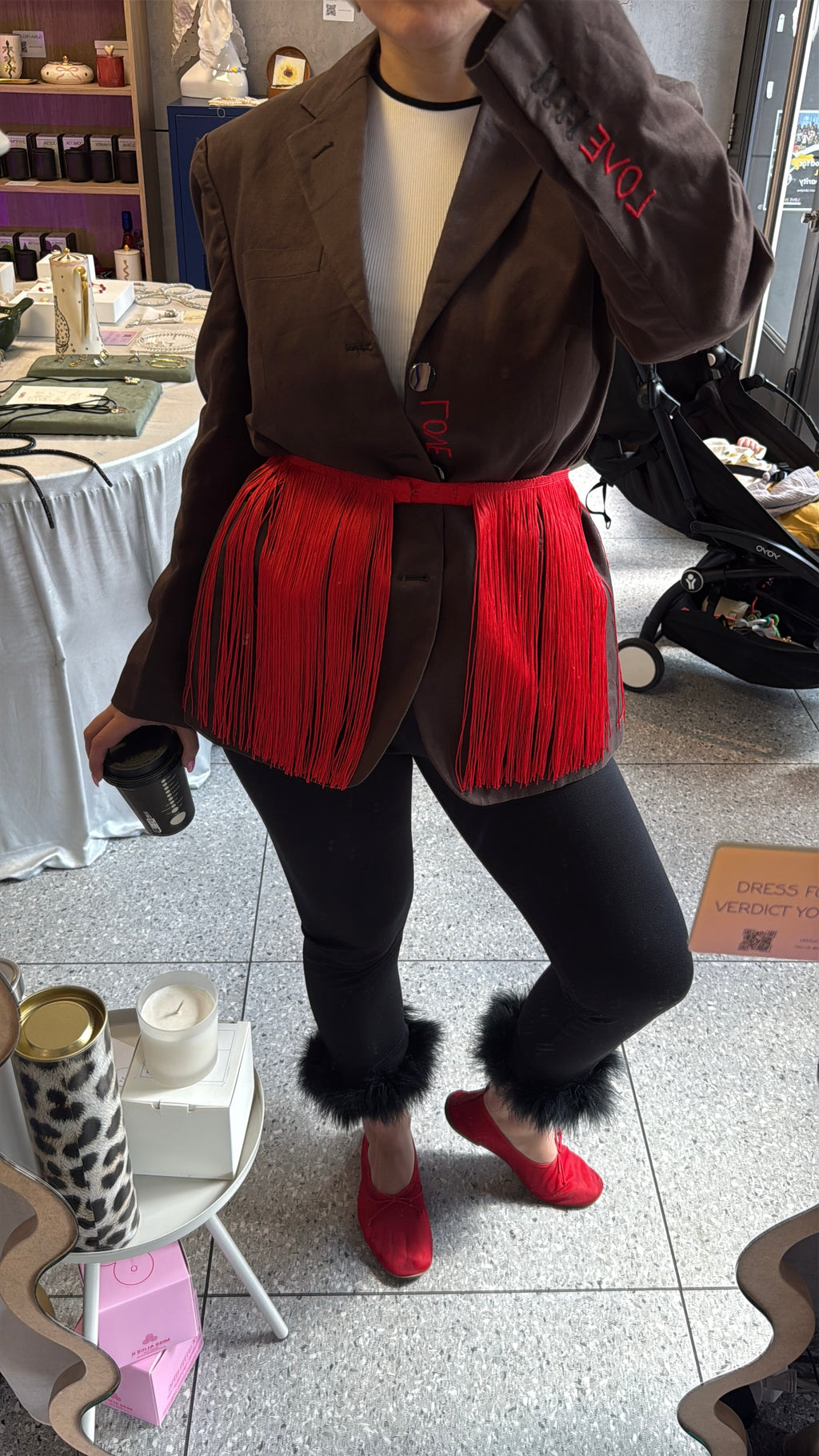 Chocolate love blazer (with red fringe belt)